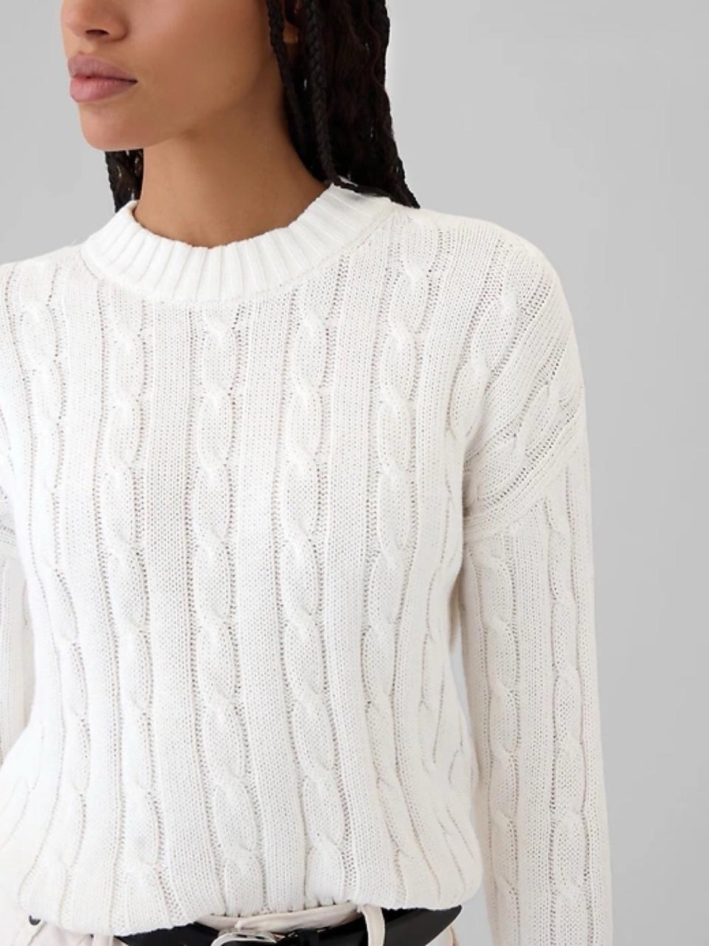 GAP White Cable-Knit Cropped Crewneck Sweater - Women